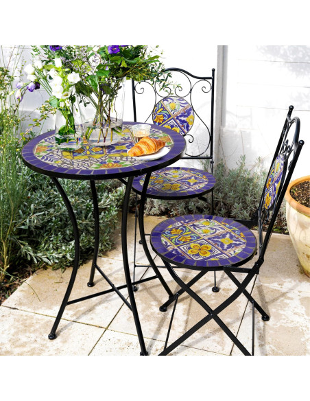 Set Bistrot Mosaico Cannes – Tavolo ø60cm + 2 Sedie in Ferro e Ceramica